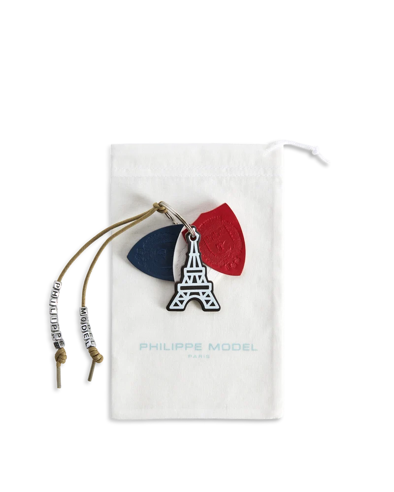 Leather Keychain with Eiffel Tower Charm, Red Blue White
